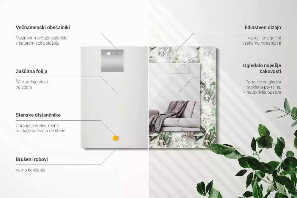 Lustro dekoracyjne prostokątne deseń w zielone liście