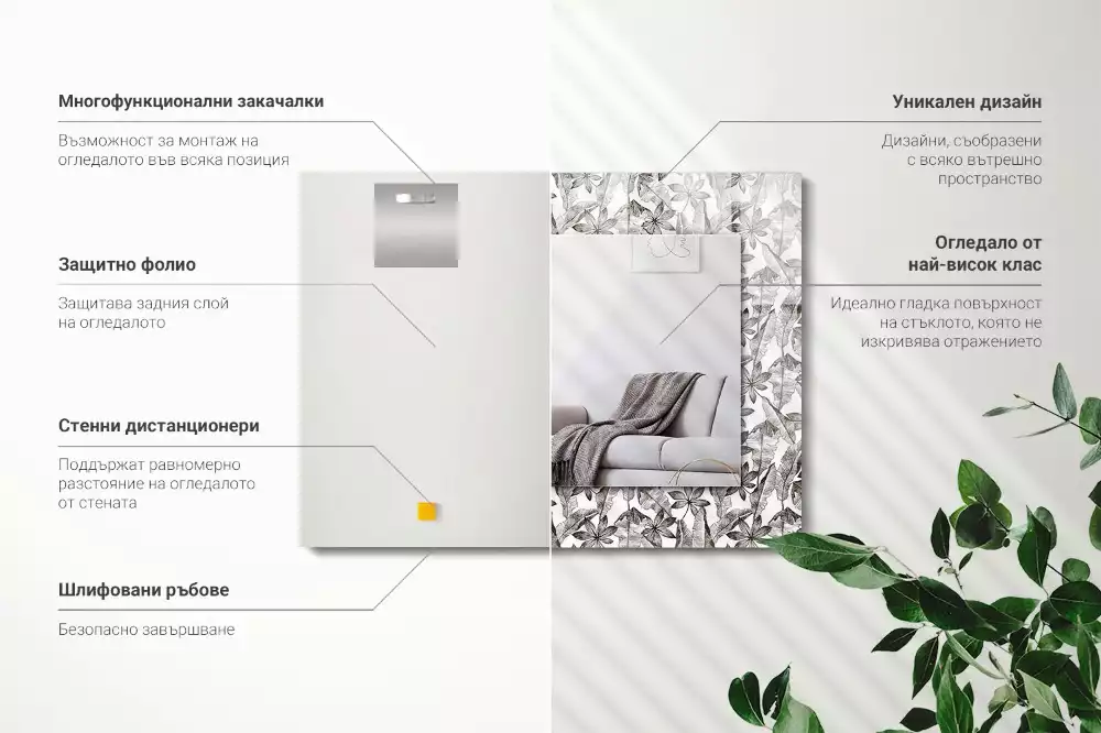 Lustro z nadrukiem prostokątne liście z kwiatami