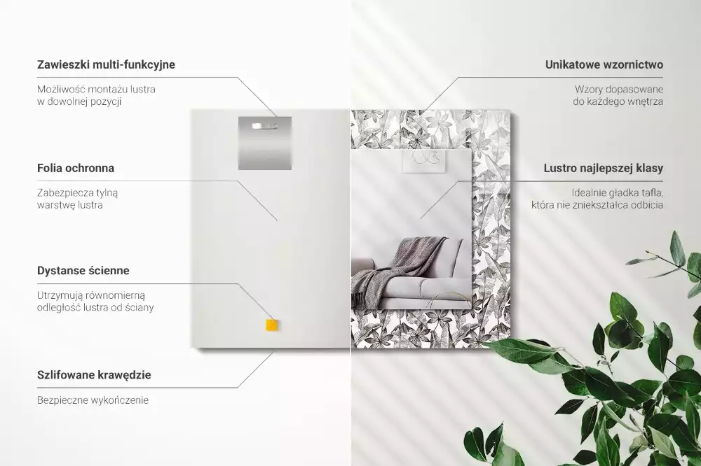 Lustro z nadrukiem prostokątne liście z kwiatami