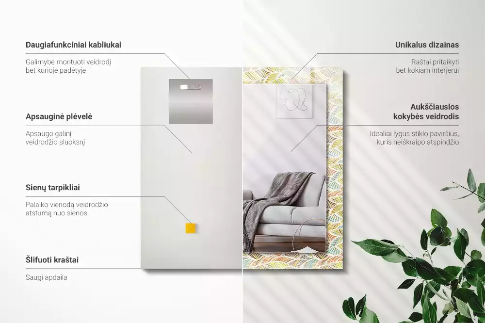 Lustro z nadrukiem prostokątne barwne fale i liście