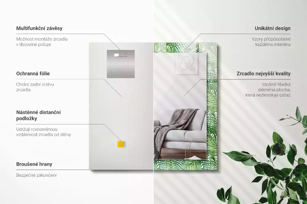 Lustro ramka z nadrukiem prostokątne zielone liście palmowe