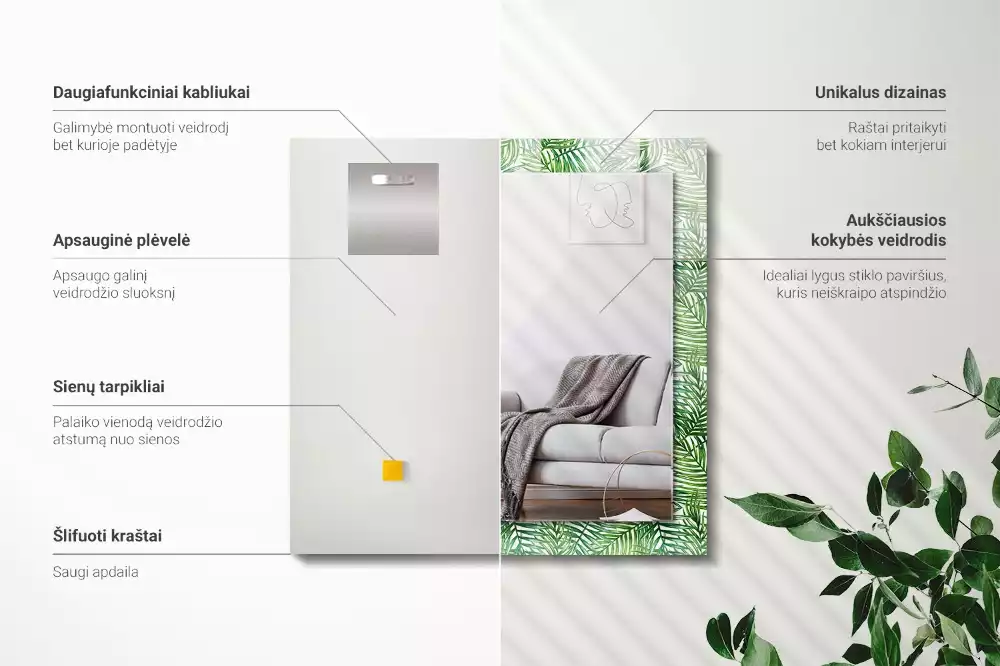 Lustro ramka z nadrukiem prostokątne zielone liście palmowe