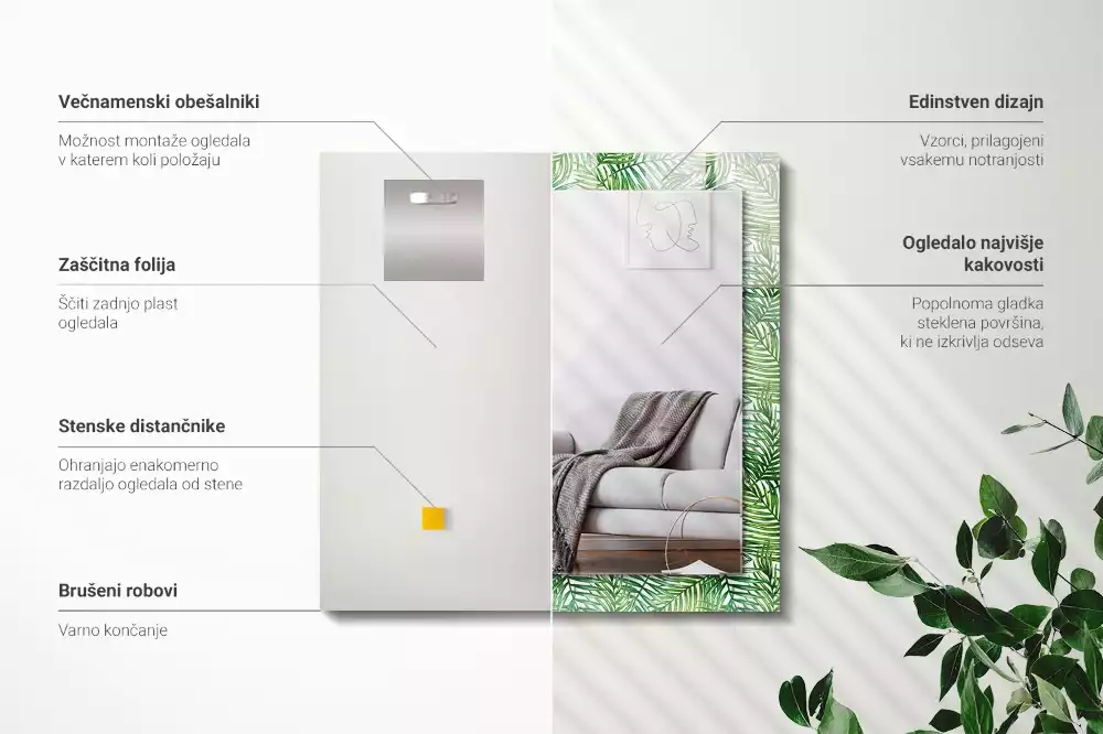 Lustro ramka z nadrukiem prostokątne zielone liście palmowe