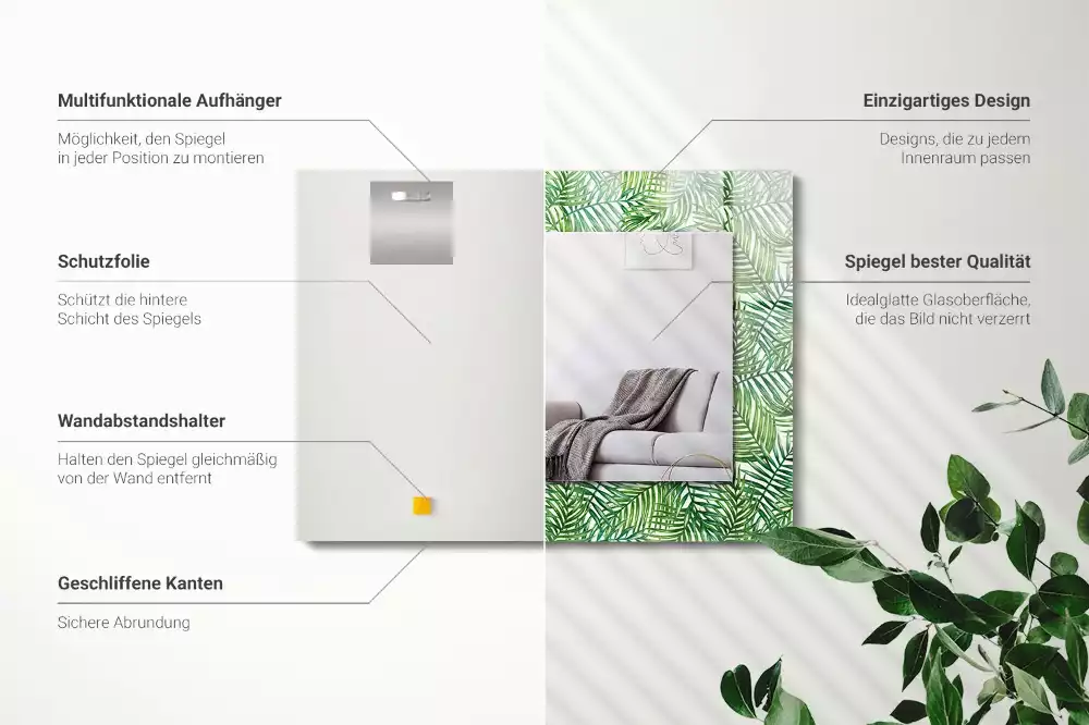 Lustro ramka z nadrukiem prostokątne zielone liście palmowe