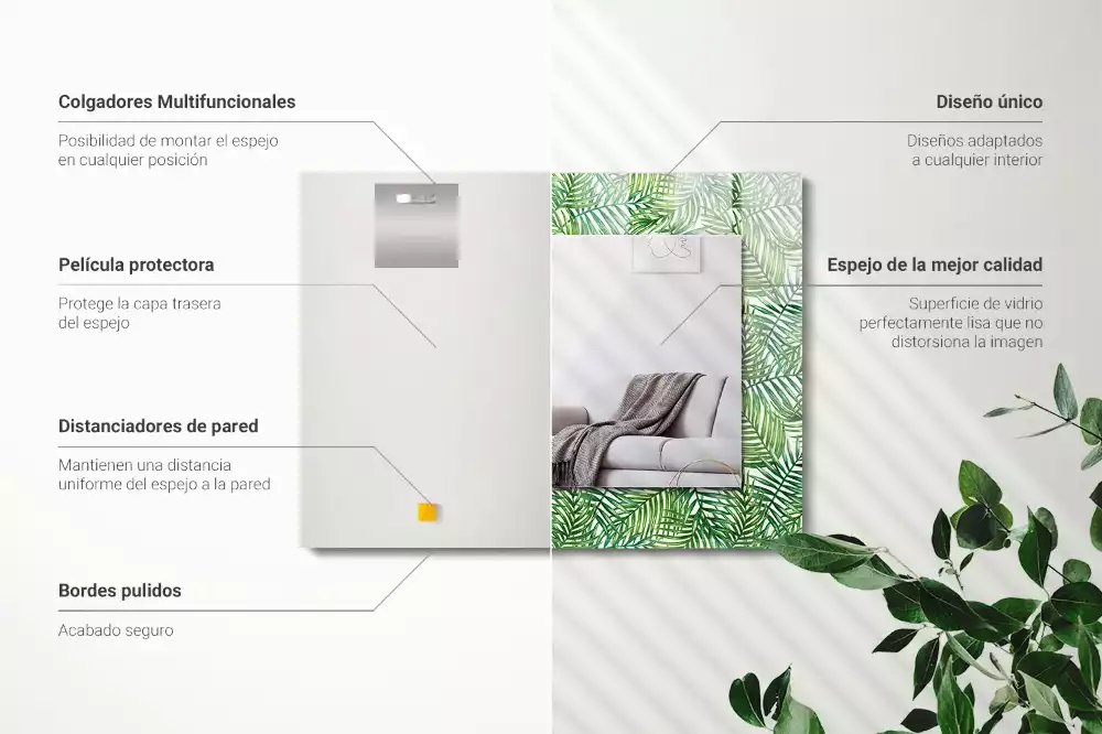 Lustro ramka z nadrukiem prostokątne zielone liście palmowe