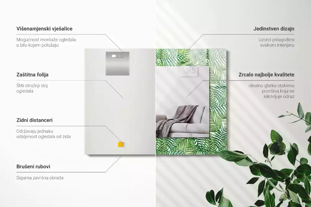 Lustro ramka z nadrukiem prostokątne zielone liście palmowe