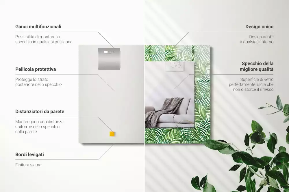 Lustro ramka z nadrukiem prostokątne zielone liście palmowe