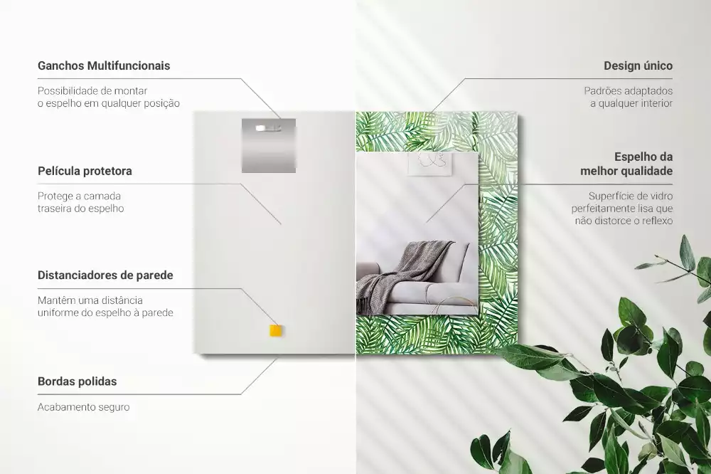 Lustro ramka z nadrukiem prostokątne zielone liście palmowe