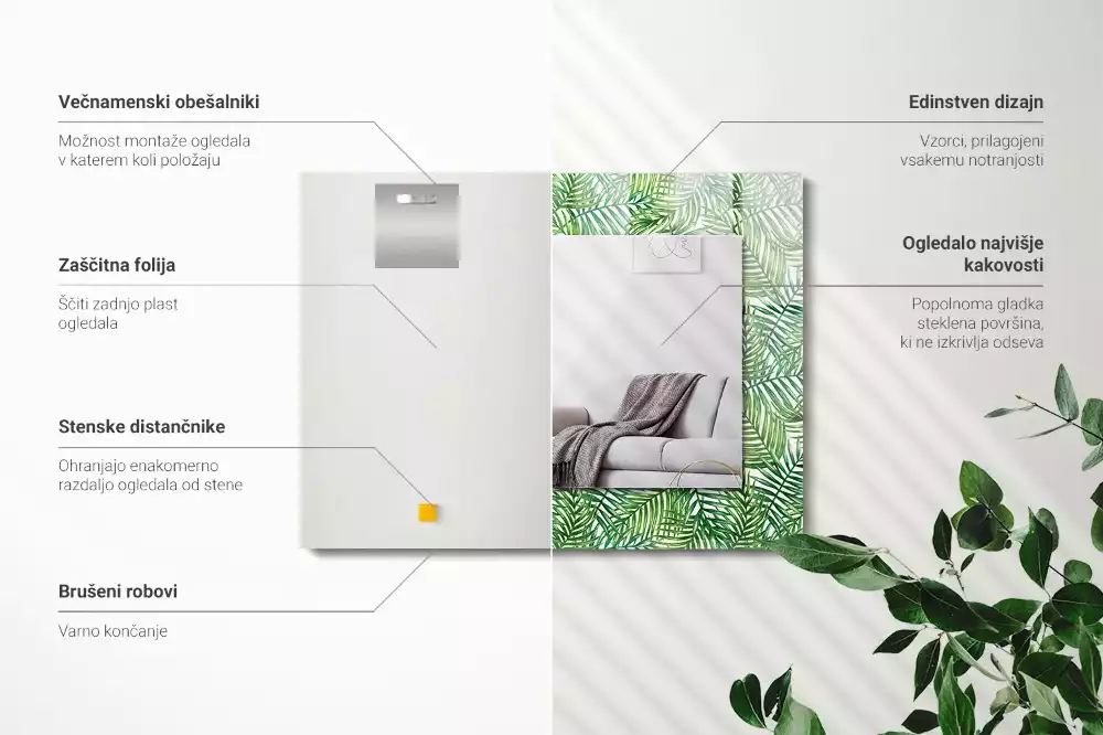 Lustro ramka z nadrukiem prostokątne zielone liście palmowe
