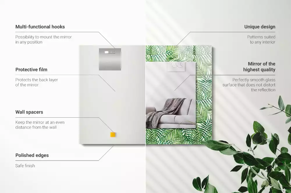 Lustro ramka z nadrukiem prostokątne zielone liście palmowe