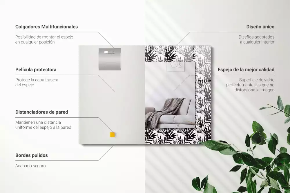 Lustro dekoracyjne prostokątne liście czarno-białe