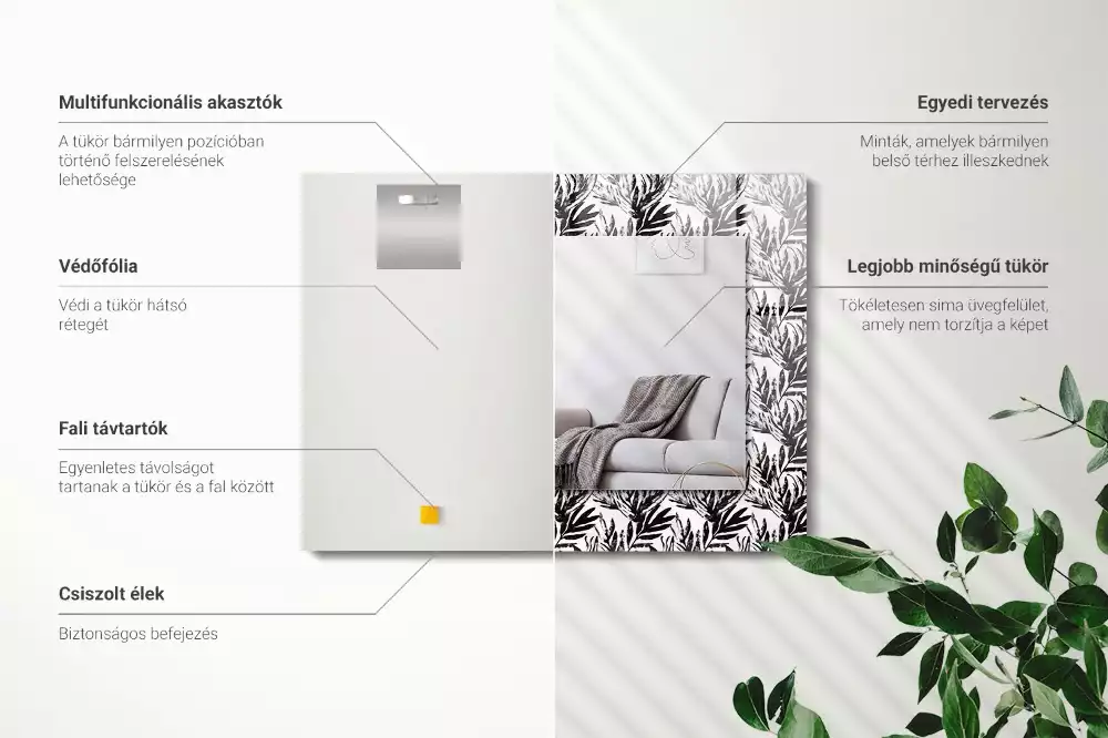 Lustro dekoracyjne prostokątne liście czarno-białe