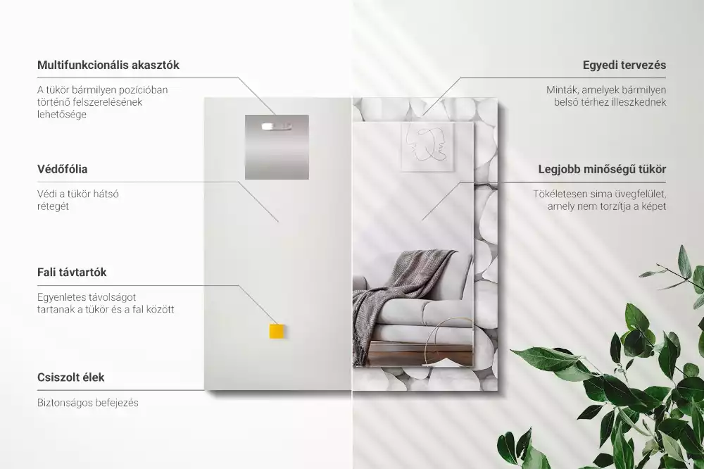 Lustro z drukowaną ramką prostokątne białe gładkie kamyki