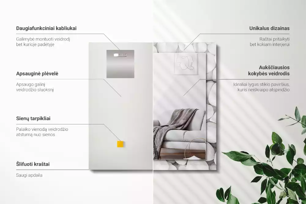 Lustro z drukowaną ramką prostokątne białe gładkie kamyki