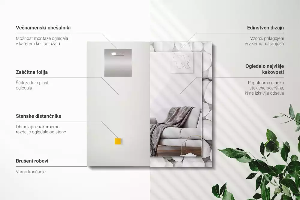 Lustro z drukowaną ramką prostokątne białe gładkie kamyki