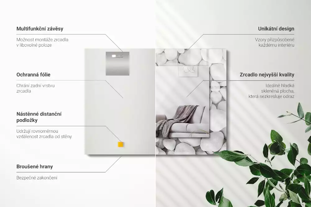 Lustro z drukowaną ramką prostokątne białe gładkie kamyki