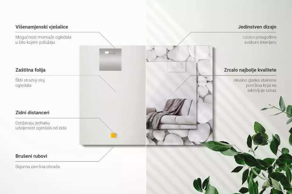 Lustro z drukowaną ramką prostokątne białe gładkie kamyki