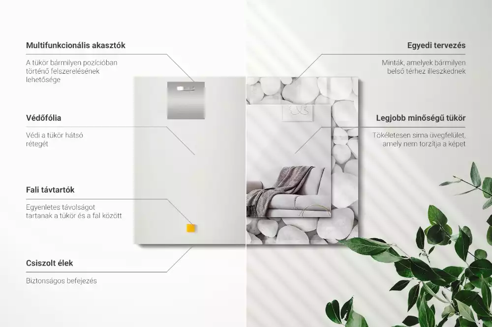 Lustro z drukowaną ramką prostokątne białe gładkie kamyki