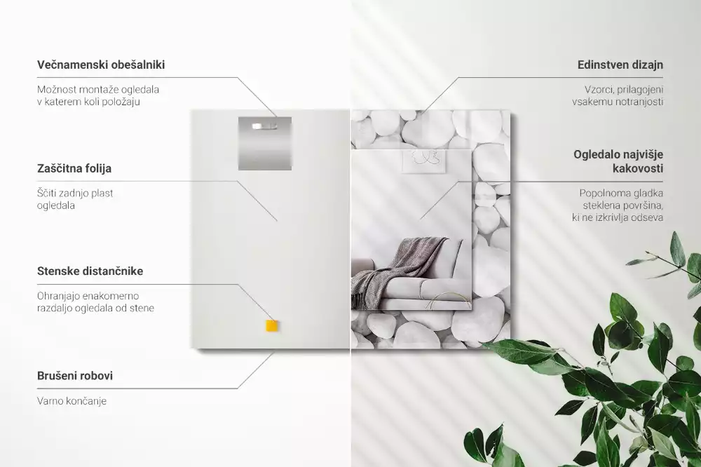 Lustro z drukowaną ramką prostokątne białe gładkie kamyki