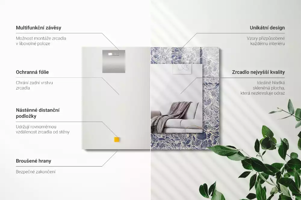 Lustro z nadrukiem prostokątne kwiatowy motyw tekstylny