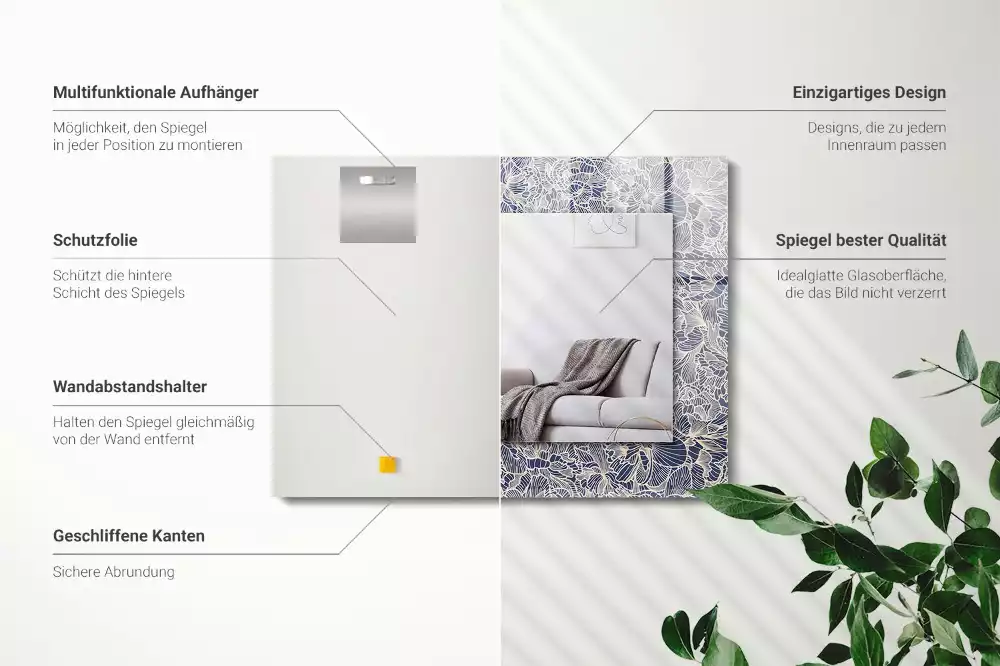 Lustro z nadrukiem prostokątne kwiatowy motyw tekstylny