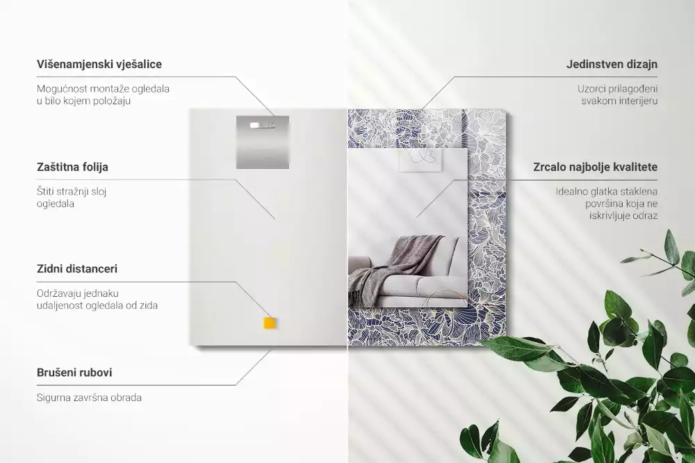 Lustro z nadrukiem prostokątne kwiatowy motyw tekstylny