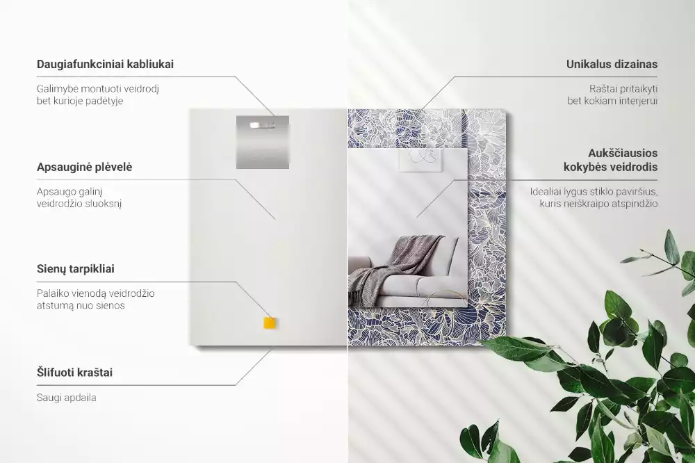 Lustro z nadrukiem prostokątne kwiatowy motyw tekstylny