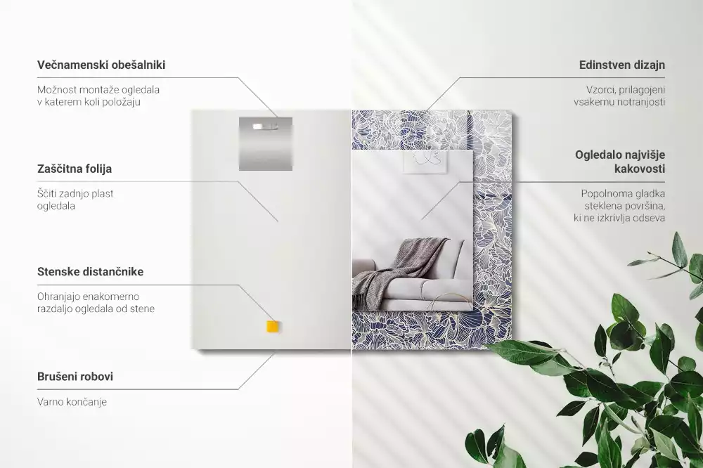 Lustro z nadrukiem prostokątne kwiatowy motyw tekstylny