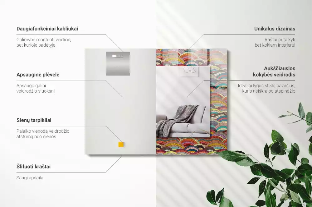 Lustro z drukowaną ramką prostokątne barwne łuki i fale
