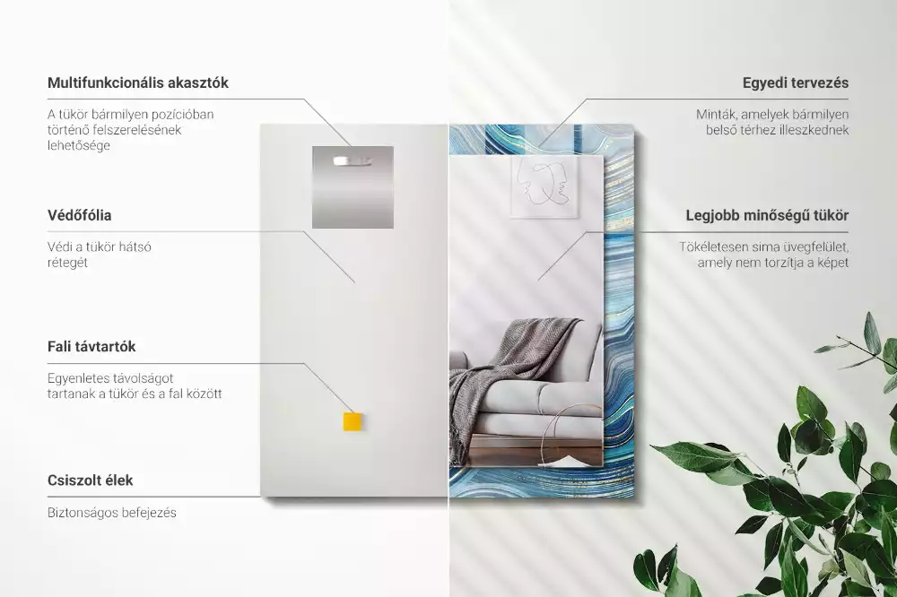 Lustro z drukowaną ramką prostokątne abstrakcyjne błękitne fale