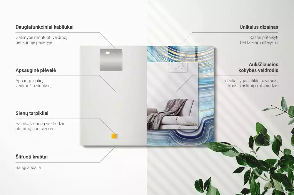 Lustro z drukowaną ramką prostokątne abstrakcyjne błękitne fale