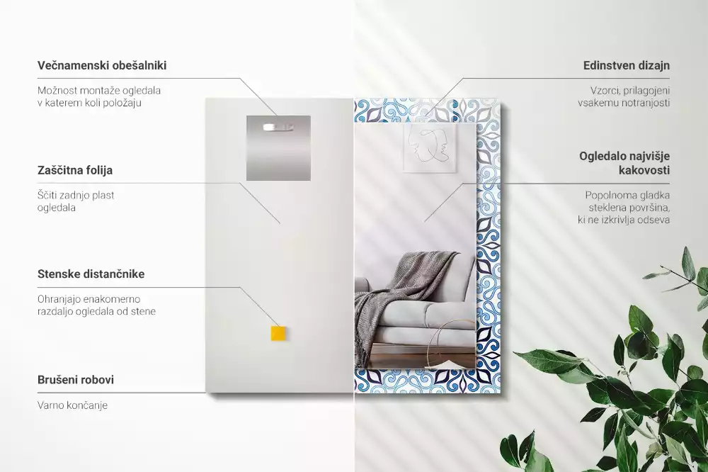 Lustro z nadrukiem dekoracyjne prostokątne błękitny deseń ornamentowy