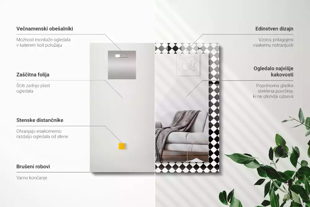 Lustro ramka z nadrukiem prostokątne czarno-biała szachownica