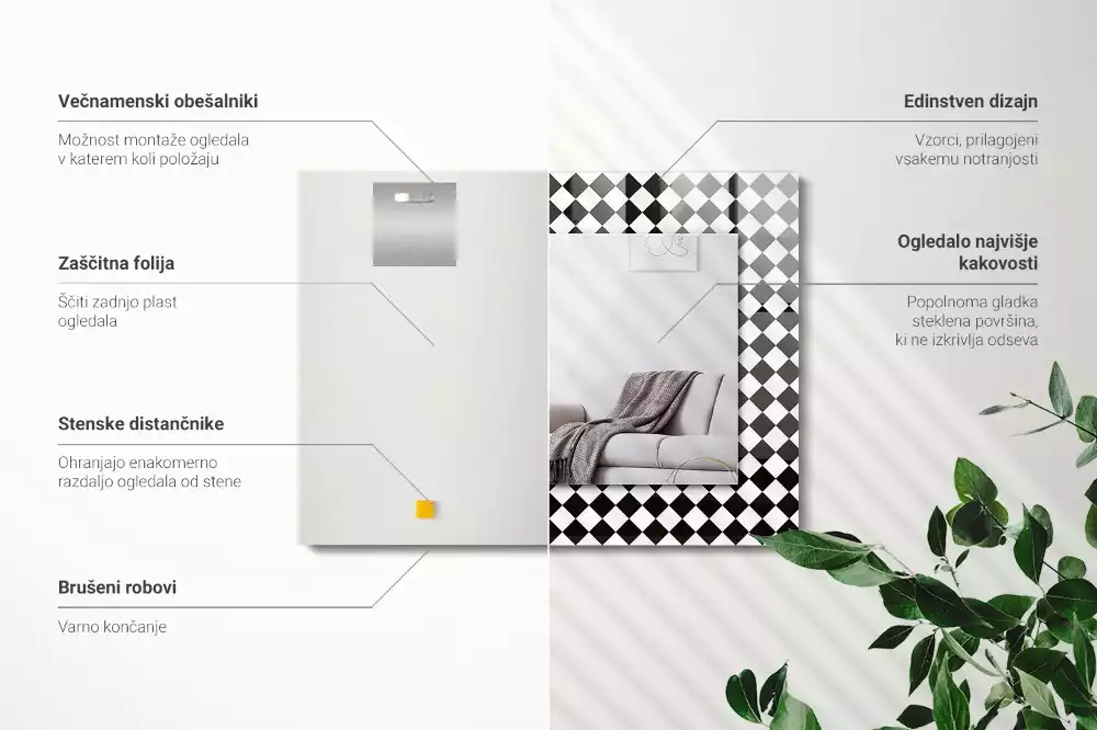 Lustro ramka z nadrukiem prostokątne czarno-biała szachownica