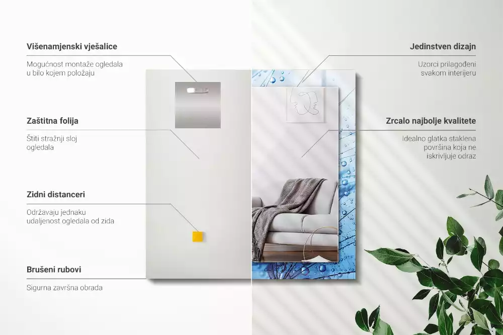 Lustro z drukowaną ramką prostokątne krople wody na dmuchawcach