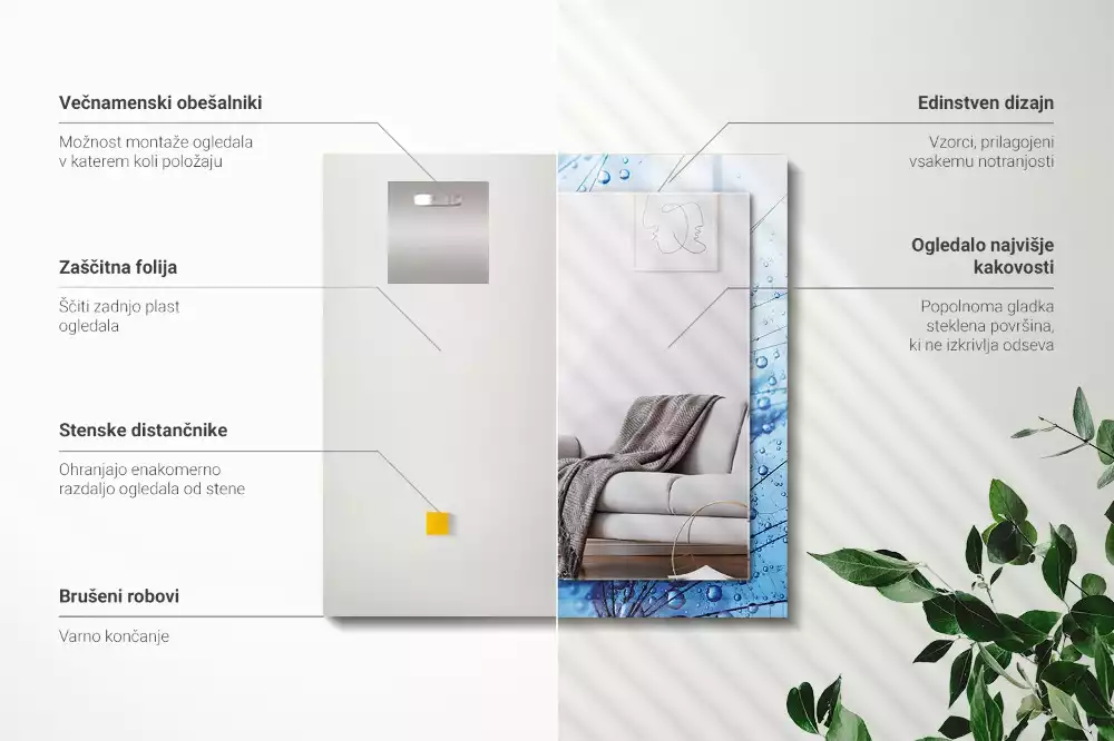 Lustro z drukowaną ramką prostokątne krople wody na dmuchawcach