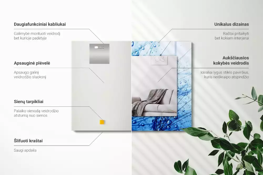 Lustro z drukowaną ramką prostokątne krople wody na dmuchawcach