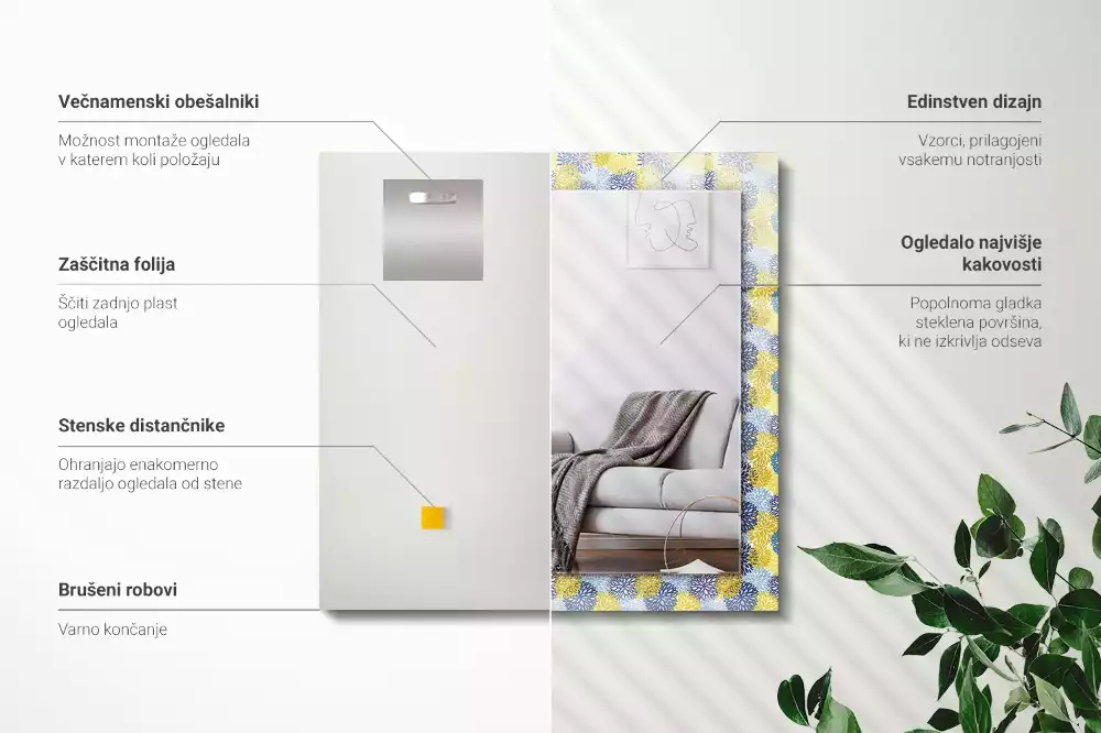 Lustro z nadrukiem dekoracyjne prostokątne kolorowy deseń kwiatowy