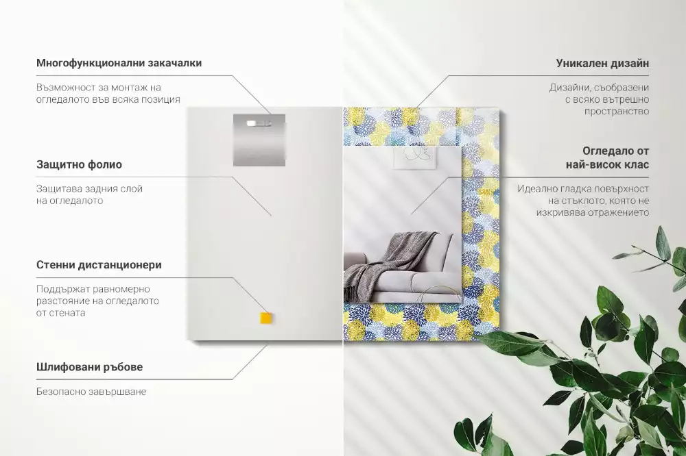 Lustro z nadrukiem dekoracyjne prostokątne kolorowy deseń kwiatowy