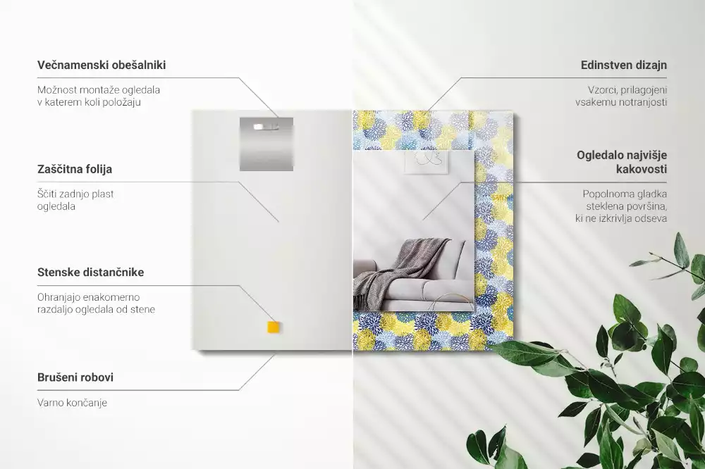 Lustro z nadrukiem dekoracyjne prostokątne kolorowy deseń kwiatowy
