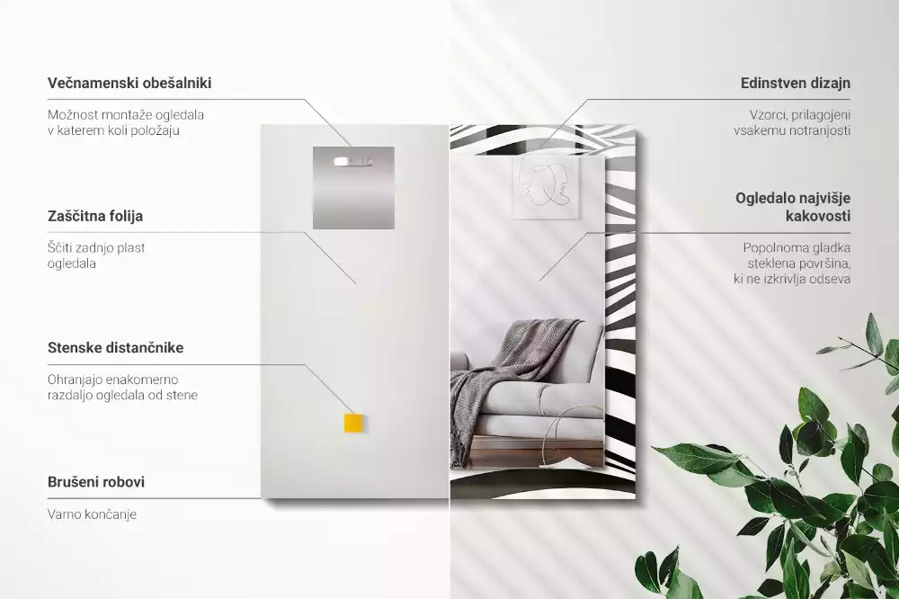 Lustro z nadrukiem dekoracyjne prostokątne czarno-białe fale