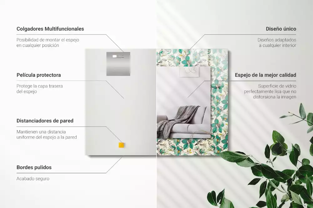 Lustro ramka z nadrukiem prostokątne ptaki z kwiatami