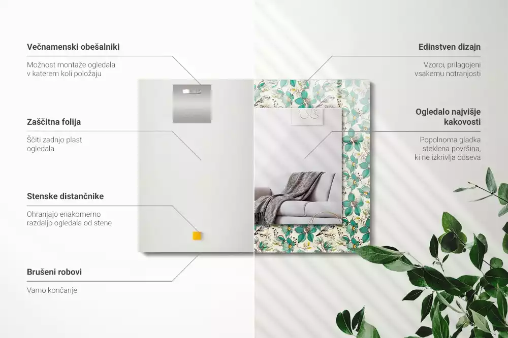 Lustro ramka z nadrukiem prostokątne ptaki z kwiatami