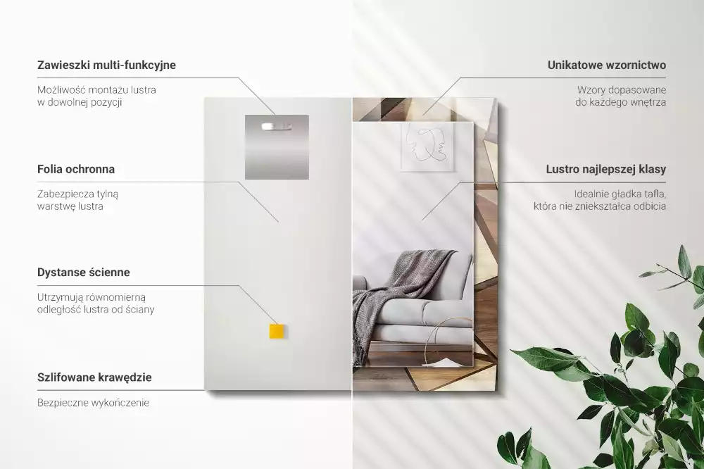 Lustro z drukowaną ramką prostokątne drewniane motywy geometryczne