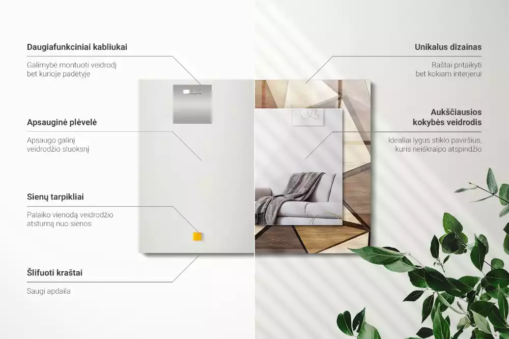 Lustro z drukowaną ramką prostokątne drewniane motywy geometryczne