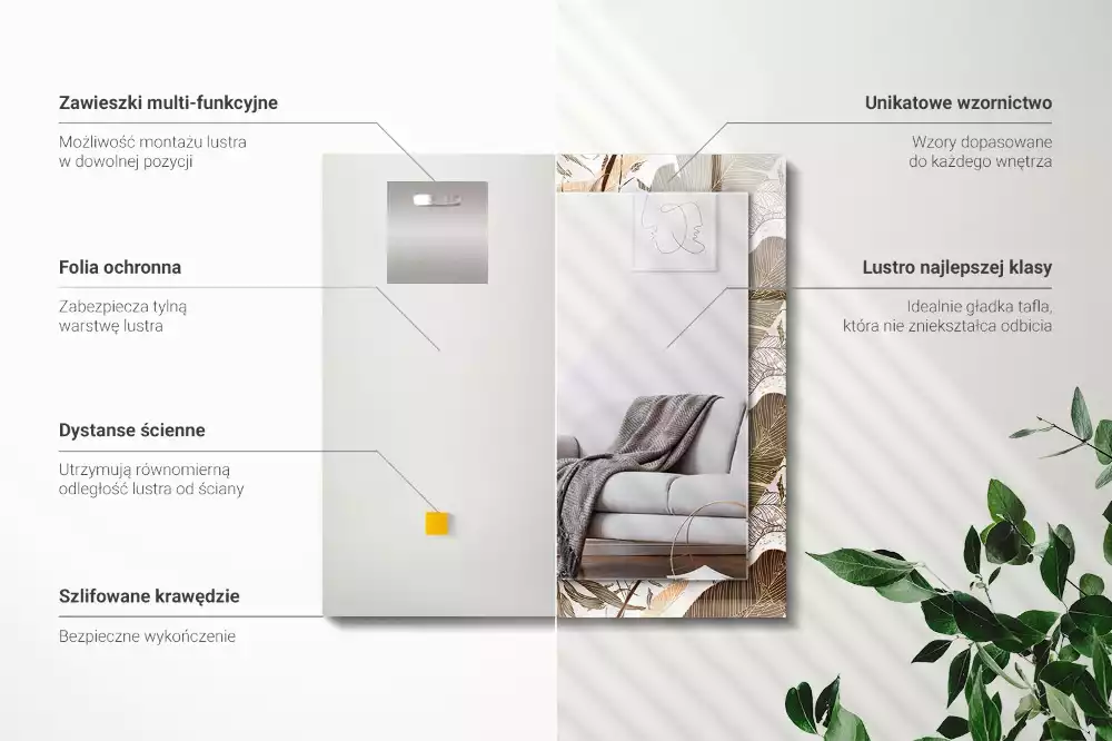 Lustro z drukowaną ramką prostokątne deseń w liście tropikalne