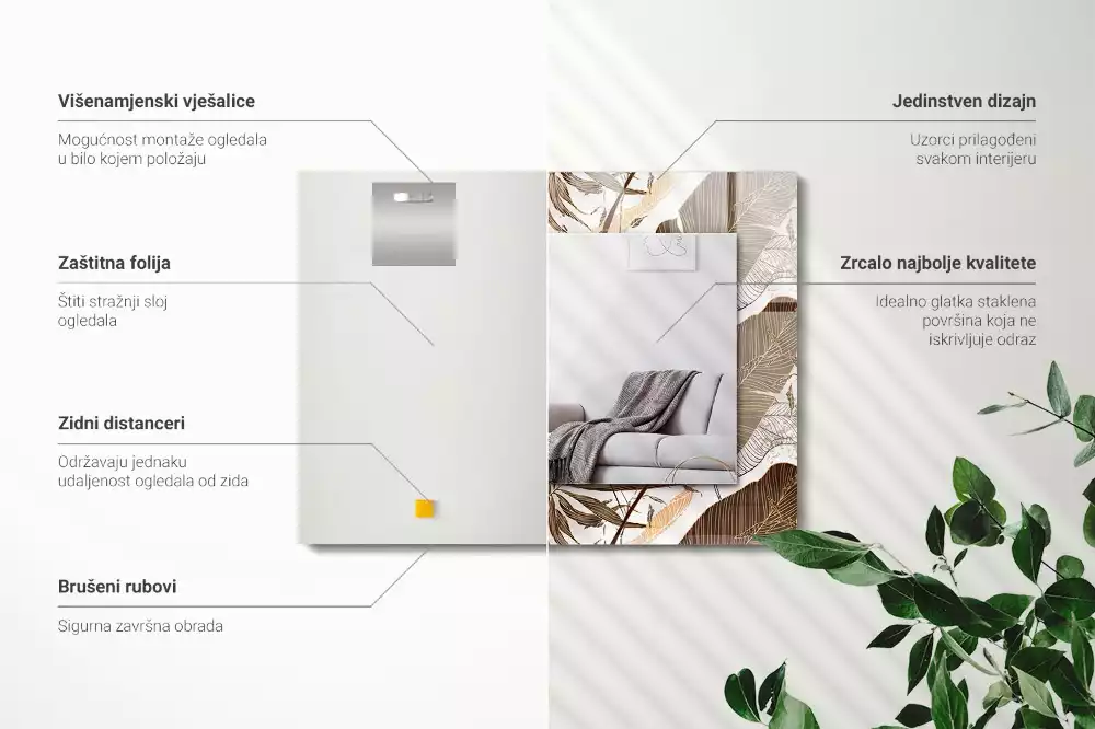 Lustro z drukowaną ramką prostokątne deseń w liście tropikalne