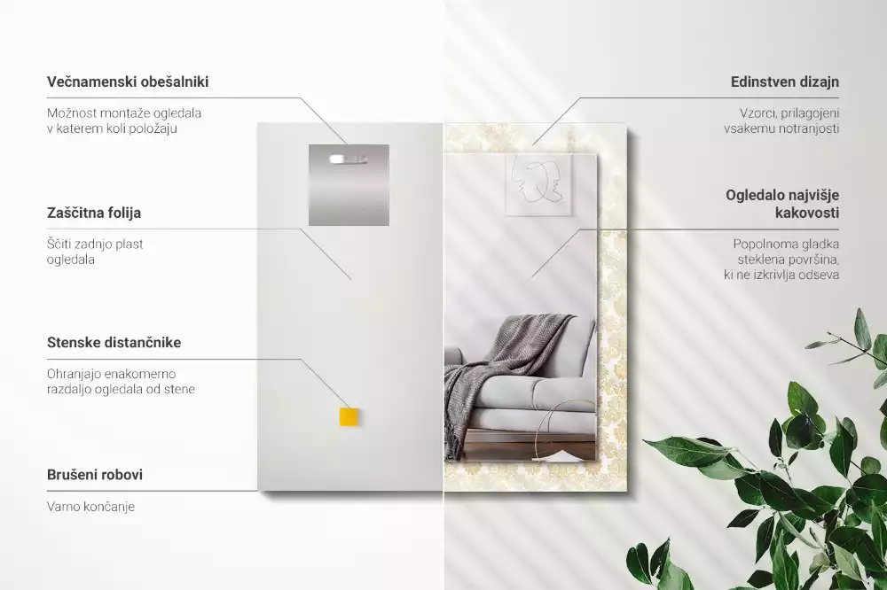 Lustro z nadrukiem dekoracyjne prostokątne złota ornamentyka