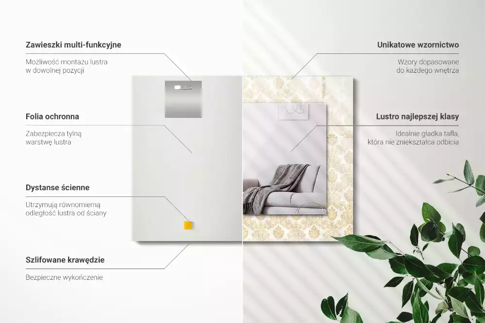 Lustro z nadrukiem dekoracyjne prostokątne złota ornamentyka