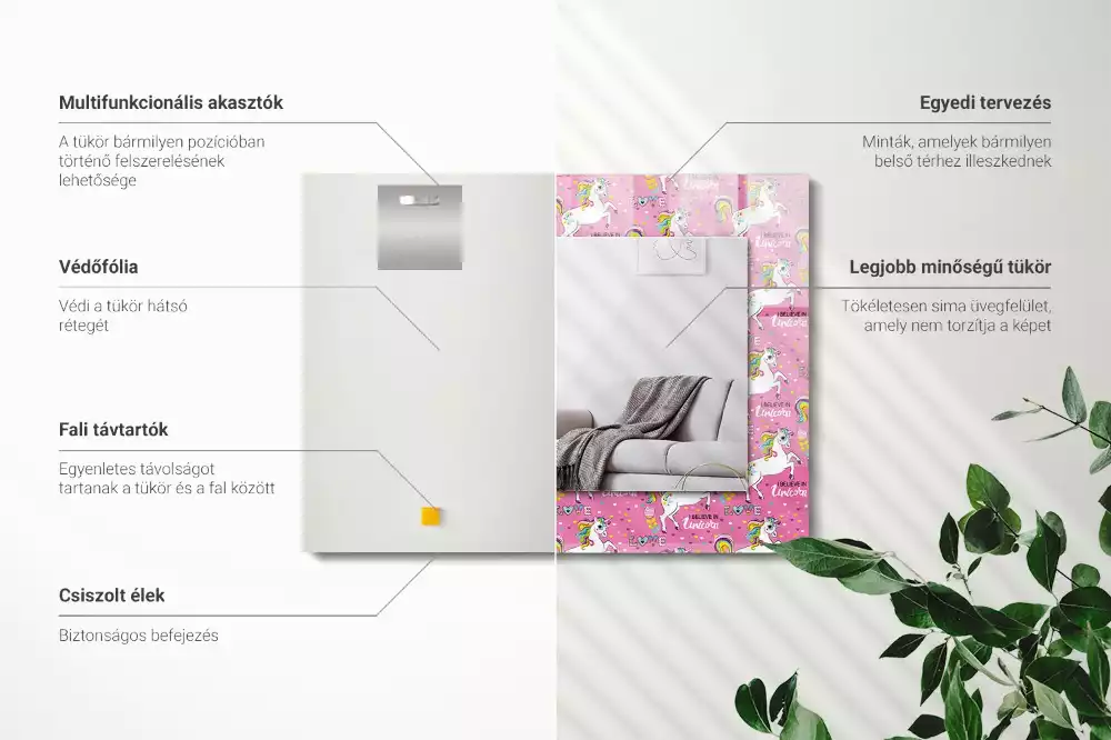 Lustro ramka z nadrukiem prostokątne jednorożce tęcze i serca